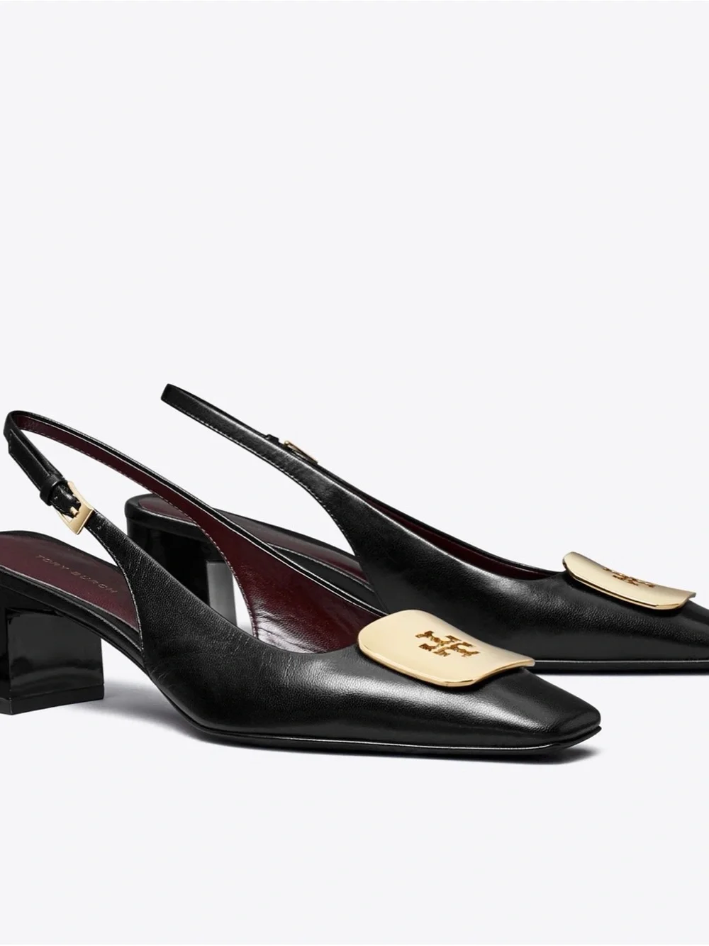 Tory Burch Black Leather Slingback Pumps with Gold Logo Plaque